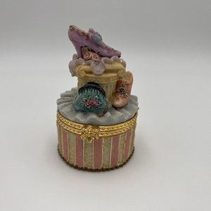 Ceramic Lidded Hat Box With Shoes Pearls Trinket Pill Stash Box